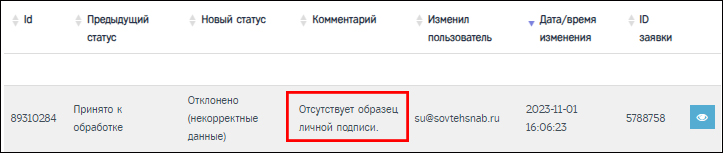 Запись об отклонении в логе.