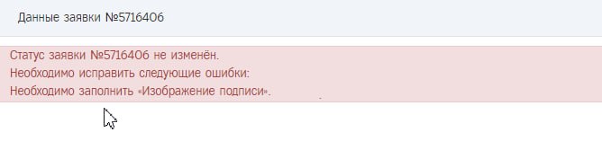 Оповещение об ошибке при обработке заявления