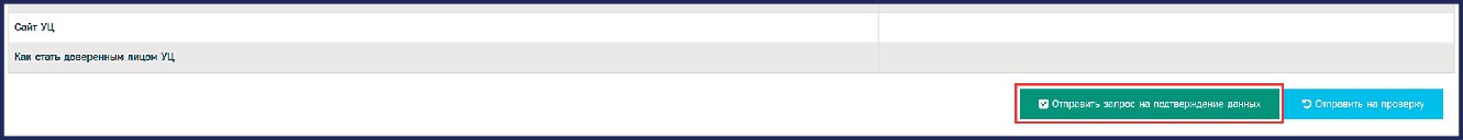 Кнопка «Отправить запрос на подтверждение данных» в окне для просмотра учётной записи.